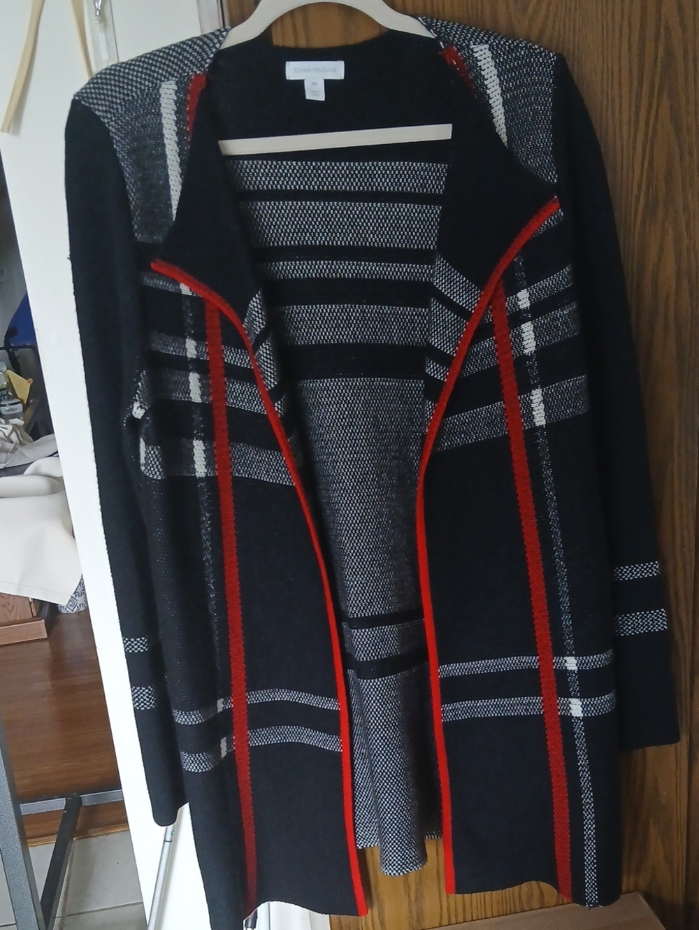 Charter Club Black & Gray Plaid Open-Front Jacket with Red Trim